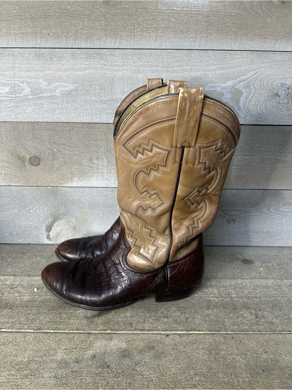 Vintage Adams Boot Co. Leather Cowboy Boots Mens 9 Two Tone Western Brown Tan